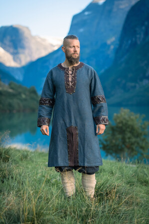 Mens Viking Tunic "Leif" with Leather Applications Blue L