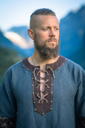 Herren Wikinger Tunika "Leif" mit Lederapplikationen Blau S