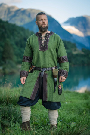 Mens Viking Tunic "Leif" with Leather Applications Green 3XL