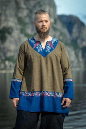 Wikinger Tunika Freydis Olive/Blau Unisex S/M