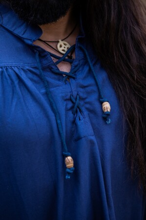 Típica Camisa medieval de cuello alto con cordones "Friedrich" Azul S
