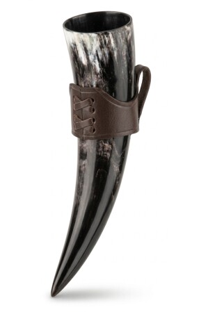 Wikinger Trinkhorn-Set "Odin & Hume" – 0,3 L Trinkhorn mit Leder-Hornhalter, lebensmittelecht