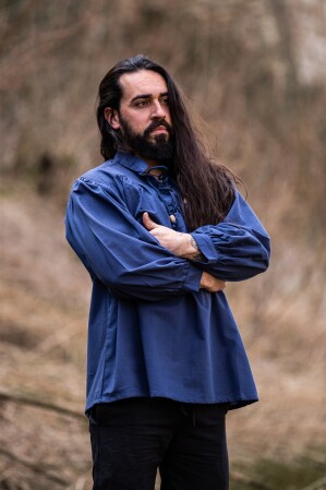 Typical medieval stand-up collar lace-up shirt "Friedrich" Blue XXL
