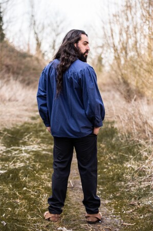 Tipica camicia medievale allacciata con collo alto "Friedrich" Blu XXXL
