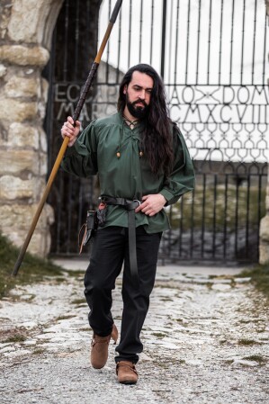 Tipica camicia medioevale con collo alto e colletto allacciato "Friedrich" Verde L