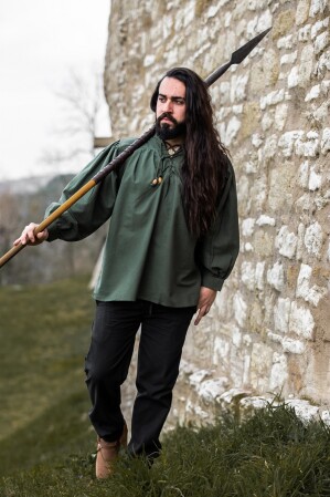 Tipica camicia medioevale con collo alto e colletto allacciato "Friedrich" Verde L