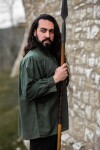 Tipica camicia medioevale con collo alto e colletto allacciato "Friedrich" Verde L