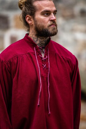 Típica Camisa medieval de cuello alto con cordones "Friedrich" Tinto vino XXXL