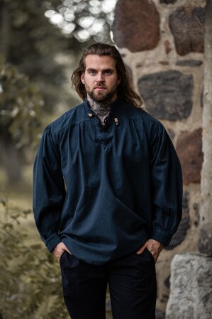 Mottled stand-up collar lace-up shirt "Georg" Blue XXL