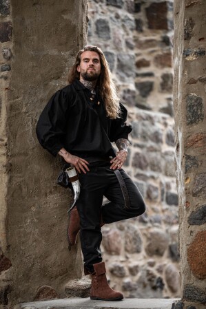 Meliertes Stehkragen-Schnürhemd "Georg" Schwarz XL