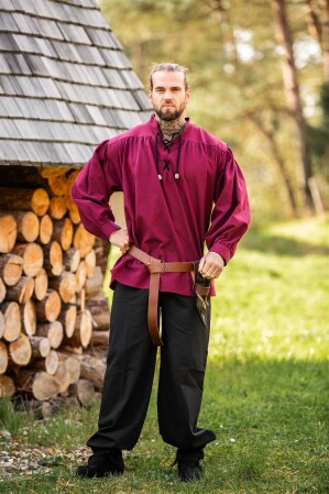 Meliertes Stehkragen-Schnürhemd "Georg" Rot M