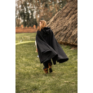Mantella in lana con perone e cappuccio lungo "Ilmar" Nero