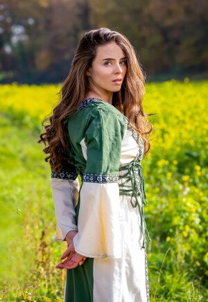 Robe médiévale avec bordure "Sophie" Vert/Ècru S