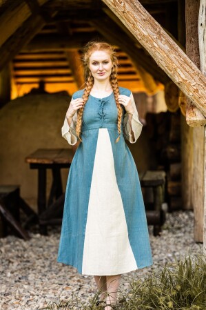 Mittelalter Baumwollkleid "Ilse" Taubenblau/Natur XL