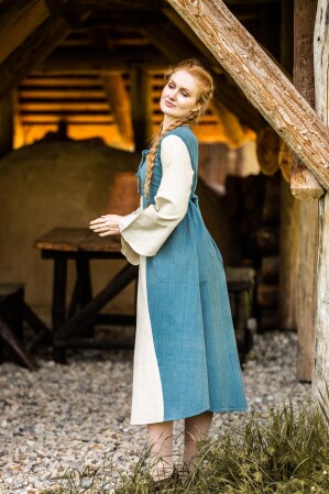 Robe médiévale en coton "Ilse" Bleu colombe/Ècru M