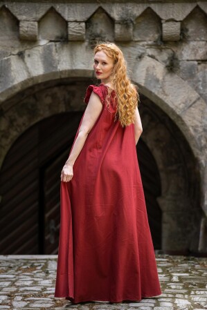 Vestido a lo largo del suelo con el volante del hombro "Clara" Rojo XXXL