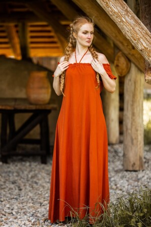 Floor-length dress with shoulder ruffle "Clara" Rust L/XL