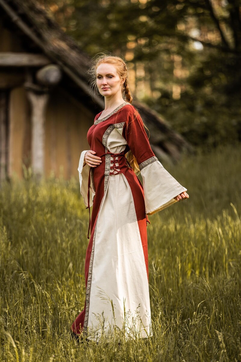 Mittelalterkleid mit Bordüre "Sophie" Rot/Nat