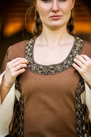 Vestido medieval de algodón "Angie" Tabaco/Natural XXXL