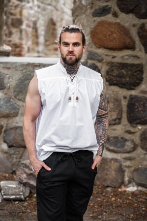 Sleeveless stand-up collar lace-up shirt "Louis" White S