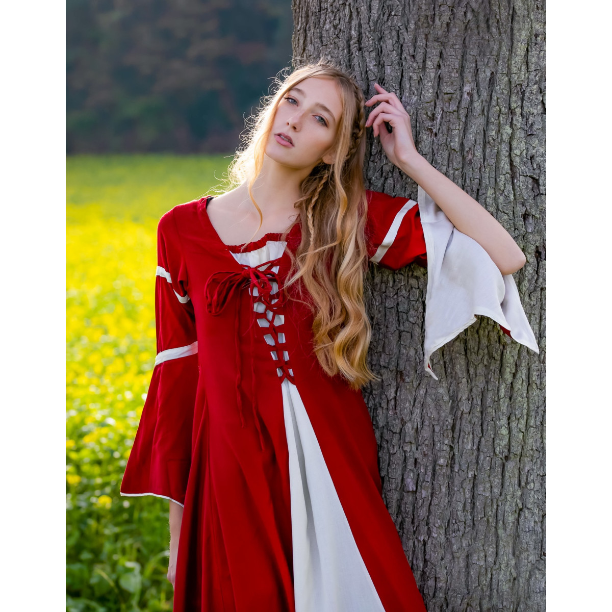Kleid mit Trompetenärmeln Larissa Rot/Natur
