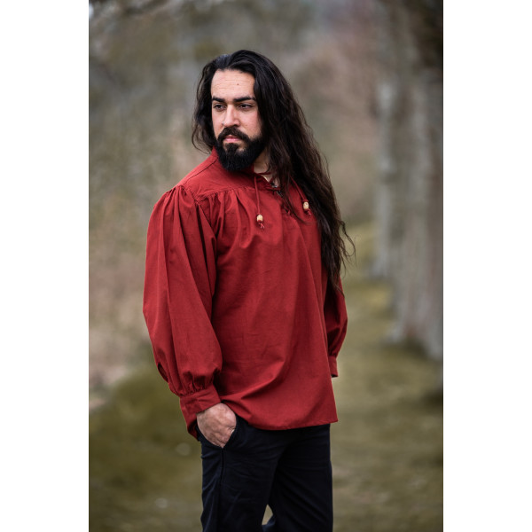 Tipica camicia medievale con colletto alto e colletto allacciato "Friedrich" Rosso