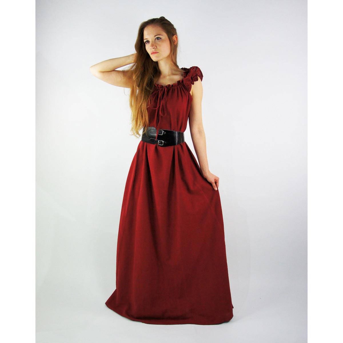 Bodenlanges Kleid mit Schulterrüsche Clara Rot