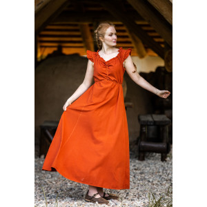 Floor-length dress with shoulder ruffle "Clara" Rust