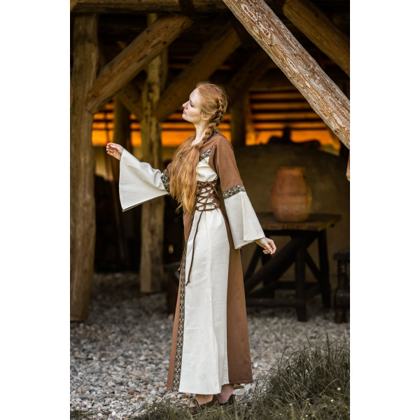 Robe médiévale en coton "Angie" Tabac/Ècru
