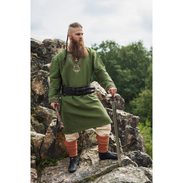 Viking tunic Freki with hand embroidery olive green