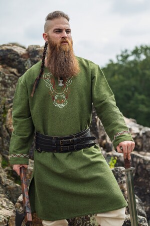 Tunique viking "Freki" avec broderie à la main Vert olive M