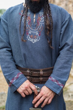 Tunique viking "Freki" avec broderie main Bleu gris M