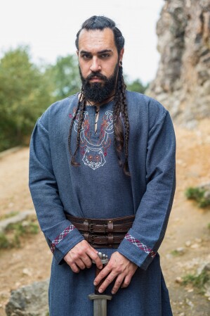 Viking tunic "Freki" with hand embroidery Blue grey L
