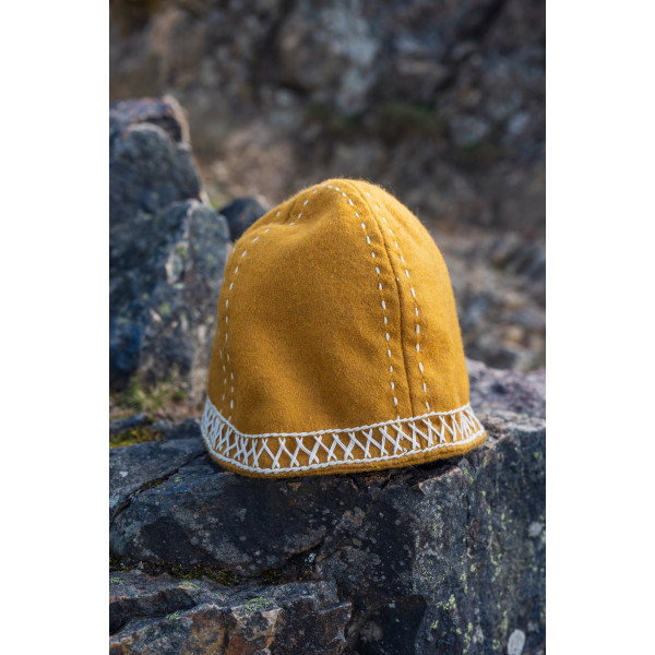 Viking wool cap with embroidery "Yngvy" mustard yellow S/M- 54/56