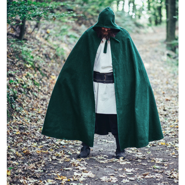 Woollen cape with long hood Raik Length 160 cm Green