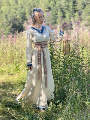 Wikinger Kleid "Lagertha" Natur/Blau XXL