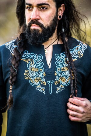 Wikinger Tunika "Snorri" mit Urnes-Stil Handstickerei Schwarz XXL
