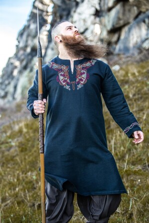 Túnica vikinga "Snorri" con bordado a mano estilo Urnes Negro-Rojo S