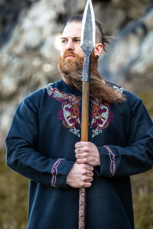 Viking Tunic "Snorri" with Urnes style hand embroidery Black-Red XL