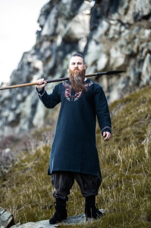 Tunica vichinga "Snorri" con ricamo a mano in stile Urnes Nero-Rosso XXXL