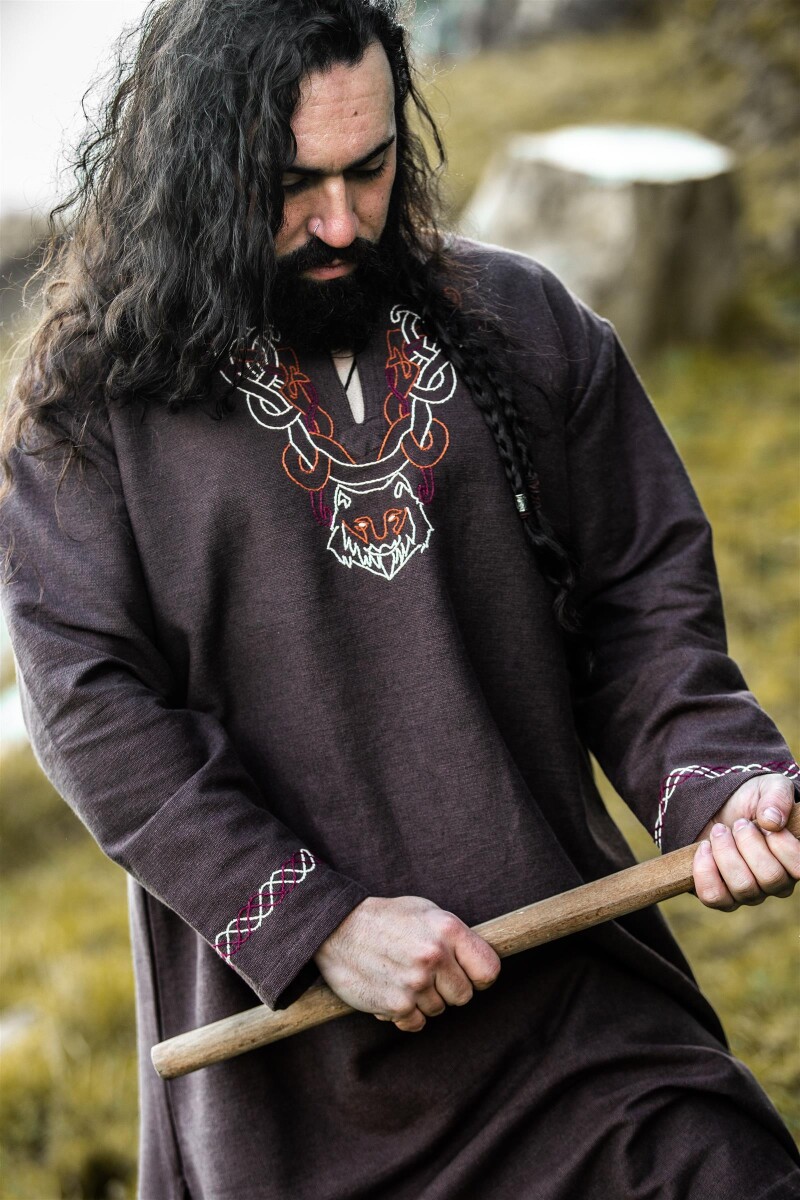 Wikinger Tunika "Freki" mit Handstickerei Braun L