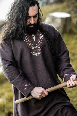 Viking tunic "Freki" with hand embroidery Brown XXL