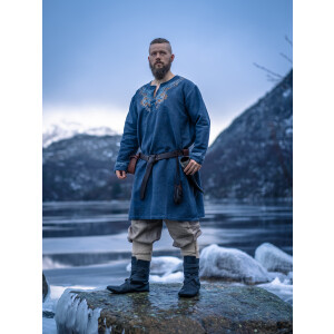 Túnica vikinga "Snorri" con bordado a mano estilo Urnes Gris-Azul