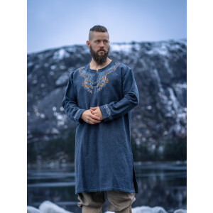Viking Tunic "Snorri" with Urnes style hand embroidery Gray-Blue