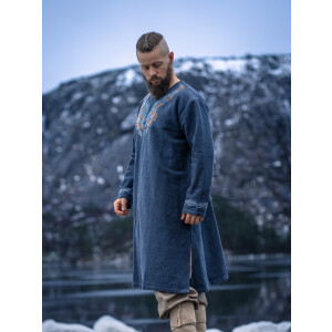 Túnica vikinga "Snorri" con bordado a mano estilo Urnes Gris-Azul
