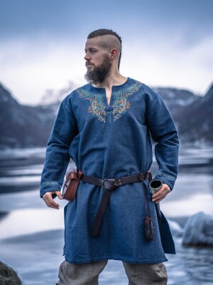 Tunique viking "Snorri" avec broderie manuelle style Urnes Gris-Bleu L
