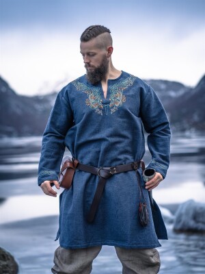 Tunique viking "Snorri" avec broderie manuelle style Urnes Gris-Bleu L