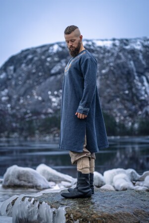 Wikinger Tunika "Snorri" mit Urnes-Stil Handstickerei Graublau XXL