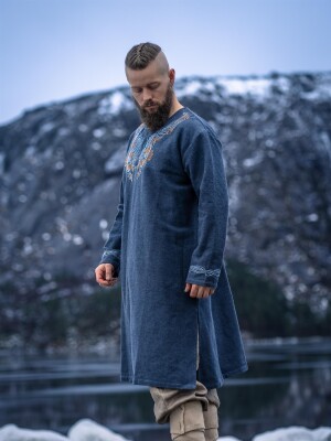 Túnica vikinga "Snorri" con bordado a mano estilo Urnes Gris-Azul XXXL