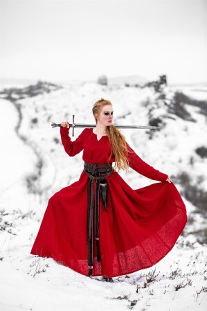 Wikinger Kleid 100% Leinen "Anna" Rot XS